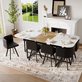 9-Piece Square Dining Table Set, Fixed White Faux Marble & Wood Grain Triamine Tabletop with 8 Black PU Leather Chairs, Modern Kitchen Table Set for 8 People, Ideal for Family Gatherings, Dining Room