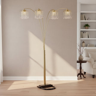 Modern Luxury 5-Light Arc Floor Lamp | Radiant Crystal Shades, Gold Metallic Stems & Half Moon Base