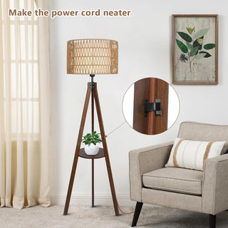 Boho Tripod Floor Lamp with Shelves, Rattan and Fabric Shades