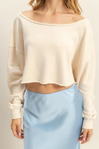 HYFVE Frayed Detail Boat Neck Long Sleeve Crop Top