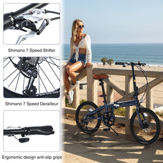20' Folding City Bike, Lightweight Aluminum Frame, 7-Speed Folding Bike