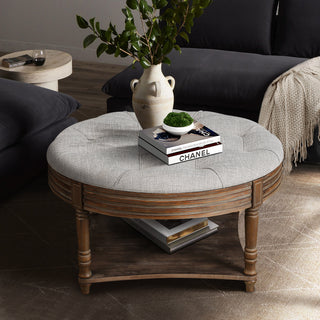 Large Round Farmhouse Ottoman Coffee Table | 2-Tier Waterproof Footstool with Wooden Shelf, Light Gray