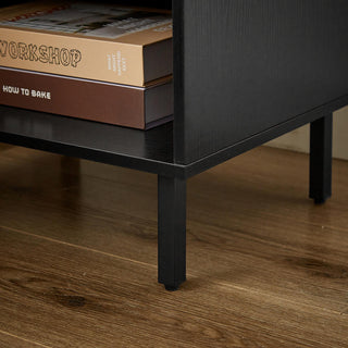 2 Set Nightstands with Grille Striped Doors, Mid Century Modern Bedside Table with Slatted Drawer Decor and Metal Legs, Night Stand for Bedroom