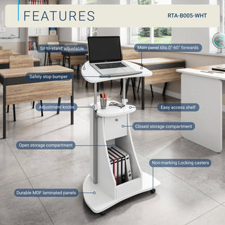 Deluxe Sit-to-Stand Rolling Laptop Cart, White