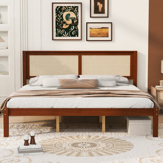 King Size Solid Wood Platform Bed with Rattan Headboard, Walnut Finish