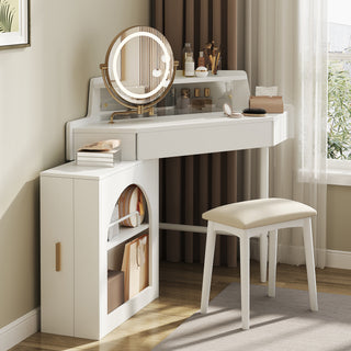Corner Makeup Vanity Desk With Mirror & LED Lights, Modern Vanity Set With Mirror And Stool, Dressing Table With Large Storage For Small Place, Brightness Adjustable Folding Mirror, White
