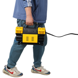 Heavy Duty 12V Dual Cylinder Air Compressor, Tire Inflator with Gauge, Yellow+Black Metal, 14.3x6.0x8.6 inches