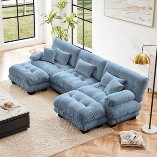 Luxury Oversized Blue Chenille Modular U-Shaped Cloud Couch with 2 Ottomans