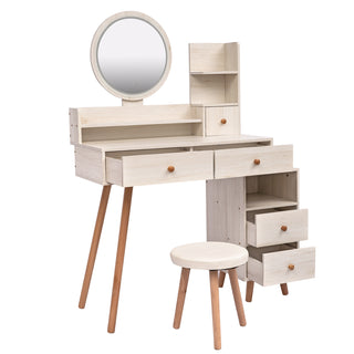 CRAZY ELF Stylish Vanity Table with Cushioned Stool - Touch Control LED Mirror, 5 Drawers, Adjustable Length (L31.5"-43.2" x W15.8" x H48.1") - Large Capacity Storage Makeup Furniture