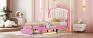 Twin Size Upholstered Bed Frame with LED Lights, Modern Upholstered Princess Bed with Crown Headboard, a Drawer, Pink+White