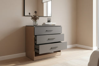 Alder 27" High 3-Drawer Dresser with Open Shelf - Matte Gray & Natural Oak (2026)