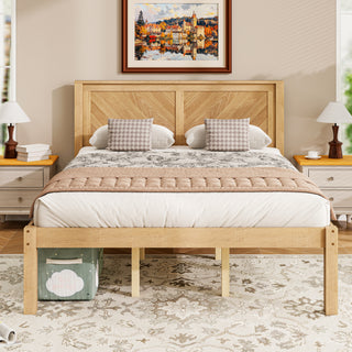Queen Solid Wood Platform Bed with Herringbone Headboard, Natural Oak