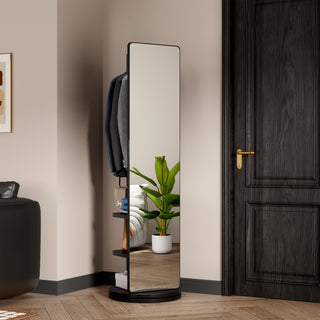 360° Rotating Full Length Mirror with Coat Rack, Solid Wood, Black