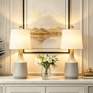 20 inch ceramic table lamps set of 2 in off-white with white linen shades