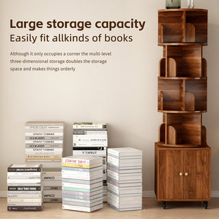 360° Rotating 5-Tier Corner Bookshelf – Floor-Standing Narrow Bookcase with Drawer, Walnut Color for Bedroom & Living Room