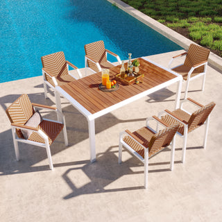 Piece Patio Dining Table Set, Outdoor Wicker Furniture Set of 6 Chairs, Two-Tone Weave Rattan, Acacia Wood Tabletop, Outdoor Dining Set for Backyard and Garden, Brown