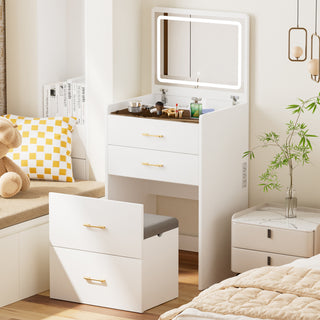 23.6'' Flip Top Makeup Vanity Desk - Lighted Mirror, Storage Stool, Power Outlet