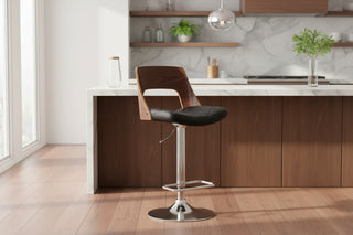 Bentwood Contemporary Modern Stylish Wood Back Adjustable Swivel Bar Stool with Diamond Quilted Finish Curved Seat and Back
