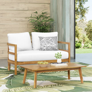 Outdoor Acacia Wood Loveseat and Coffee Table Set with Cushions, Light Teak and White
