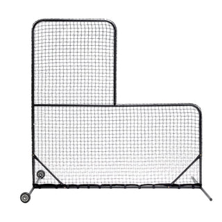 L-Shaped Baseball Net for Batting Cages – 84''H x 84''W with 42'' x 42'' Cutouts, Portable Pitching Net with Wheels and Carry Bag