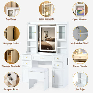 41.4" White Makeup Vanity Desk with Mirror & Lights | Dressing Table with Storage Stool & Charging Station