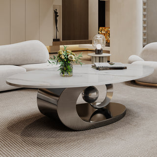 

49.2" Oval Faux Marble Coffee Table - Modern Living Room Table with Stainless Steel Base
