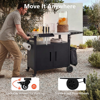 K&K Outdoor Grill Cart with Storage Cabinet, Outdoor Metal Kitchen Island with Foldable Table, Pizza Oven Table with Wheels & Stainless Steel Top & Hooks & Spice Rack for BBQ,Waterproof Cover Included