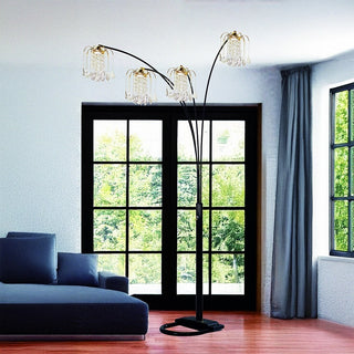 BLACK 4-Head Crystal Inspired Arc Floor Lamp | Modern Multi-Light Living Room Statement