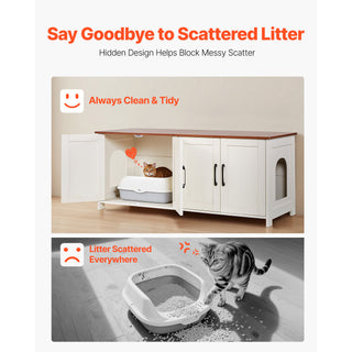 Cat Litter Box Enclosure for Multi Cats, 47.2 in Hidden Litter Box Cabinet with 4 Doors & 2 Entries, Indoor Cat Washroom, Wooden Kitty House Furniture, Fit Most Litterboxes, Brown & White