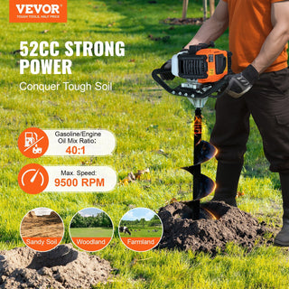VEVOR Gas Post Hole Digger 52CC 1450W with 8 Drill Bits & Extension Rod, Black Aluminium Alloy, 46.35 Inch