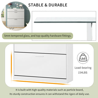 [VIDEO provided] ON-TREND Slim Entryway Organizer with 2 Flip Drawers, Tempered Glass Top Shoe Storage Cabinet with Drawer, Free Standing Tipping Bucket Shoe Rack with LED Light for Hallway, White