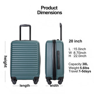 Lightweight 20' Carry-On Luggage with Spinner Wheels, Green, ABS Material