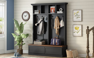 ON-TREND Farmhouse  4-in-1 Hall Tree with Wood Grain Bench, Mudroom Versatile Coat Rack with 2 Large Drawers, Large Entrance Organizer with 6 Black Hooks for Hallway, Living Room, Black, 55.9"Wx75.6"H