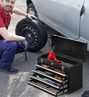 4-Drawer Portable Metal Tool Box | Steel Tool Chest with Lock & Latch Closure | Black