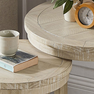 24" Oak Finish 2-Piece Curved Round Coffee Table Set - Mid-Century Rustic Nesting Tables