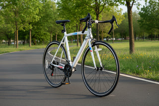 White bicycle with black components on a white background