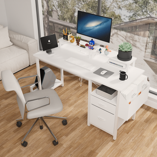 47.3'office desk with power outlet,2 Monitor Stands,2 drawers,Side Pocket,Easy to Assemble,Frame stability Reversible,use for home desk, computer desk, game table,White