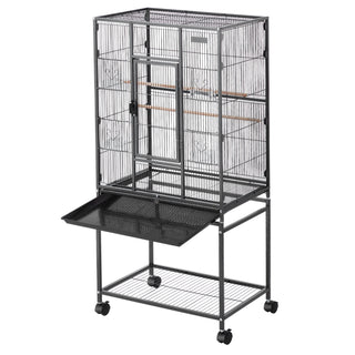 Bird Cage, 24.6 x 16.7 x 53.9 inch, Flat Top, Wrought Iron Bird Flight Cage with Perches, Slide-Out Tray and Plastic Feeders, Casters, for Parrot, Blue Tit, Cockatiel, Canary, Budgerigar, Conure
