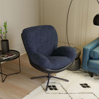 360° Swivel Office Chair, Modern Chenille Chair with Faux Leather and Black Metal Base Frame, No Wheels, Accent Chair for Small Spaces, Living Room, Bedroom, Reading Corner, Office, Dark Blue