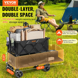 Foldable Double Decker Wagon, 400L Heavy Duty Collapsible Wagon Cart with All-Terrain Wheels & 52" Extender for Camping, Garden & Shopping