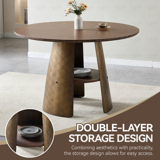 47.25-Inch Round Dining Table – Retro Style Walnut MDF Tabletop with Brushed Texture &amp; Bronze Metal Frame (Seats 4–6)