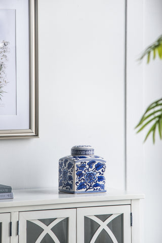 Hand painted blue and white ceramic square canister, view 9