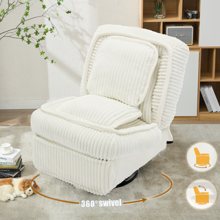 [NEW ARRIVAL] 360° Swivel Rocking Recliner Chair – Manual Glider Armless Single Sofa with Adjustable Backrest, Footrest & Pillows, Corduroy Upholstery for Living Room or Small Spaces, Beige