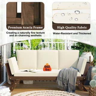 TOPMAX Outdoor Adjustable Patio Wooden Daybed Sofa Chaise Lounge with Cushions for Small Places, Brown Finish+Beige Cushion