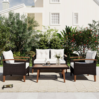 4 Piece PE Rattan Outdoor Sofa Set with Wood Table and Legs - Modern Patio Conversation Set (Brown and Beige)