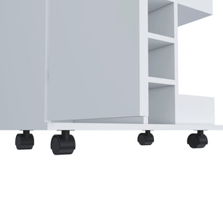 32" H White Bar-Coffee Cart with Cabinet Storage, 4 Wheels, Divided Shelf, Folding Door, and Bottle Holder – Stylish Mobile Storage for Home Bars or Coffee Stations