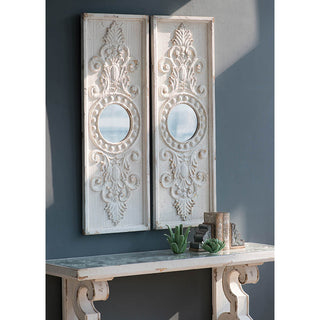 Set of 2 Large Wooden Wall Art Panels with Distressed White Finish and Round Mirror Accents,17' x 48'