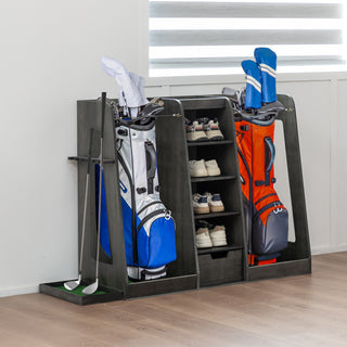 55.5"x16"x37" Wooden Golf Bag Organizer – 2-Bag Rack with Drawers, Side Club Holders & Easy Assembly, Gray