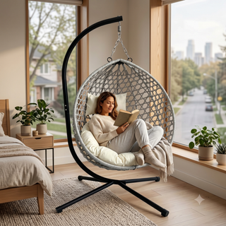 Foldable Hanging Egg Chair with Stand, HDPE Rattan Wicker Swing Chair with Cushion, Heavy Duty Frame 350 Lbs Capacity, Outdoor Patio Indoor Bedroom Balcony, Beige+Gray