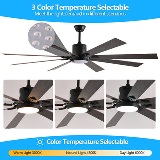 72" Walnut LED Ceiling Fan with Light | 8 Wooden Blades, Adjustable Color Temperature & Remote Control